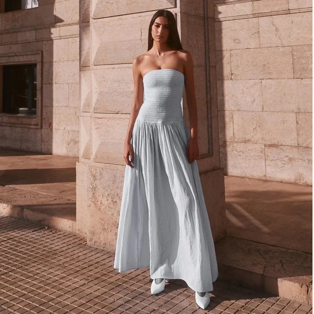 NWT Meshki ‘Maureen’ powder blue cotton shirring strapless maxi dress - Picture 5 of 16
